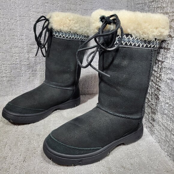 UGG 5273 Womens Size US 7 Black Mid Calf Ultimate Cuff Tie Suede Shearling Boots - Picture 1 of 12